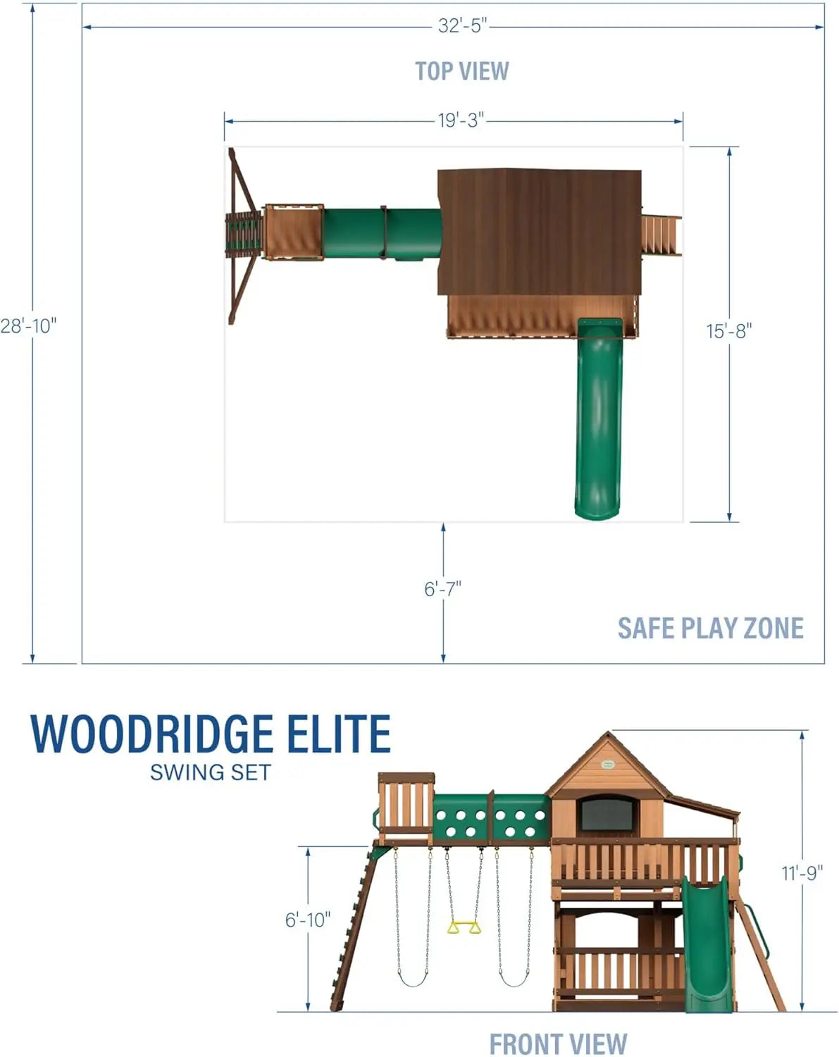 Wood Swing Set, Upper and Lower Deck, Sandbox, Vented Tunnel, Rock Climbing Wall