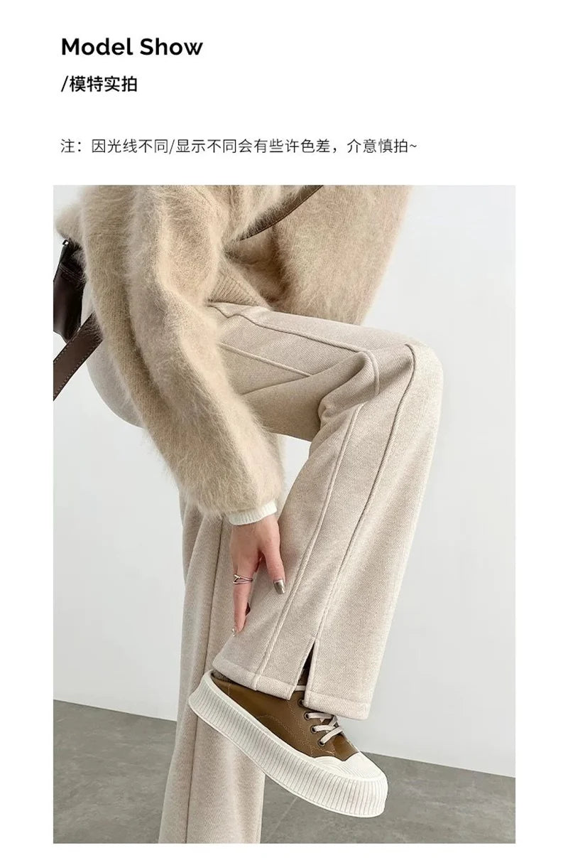 Women's Autumn/Winter New Herringbone Striped Flannel Wide leg Pants Woolen Split Pants Straight leg Narrow Version Banana Pants