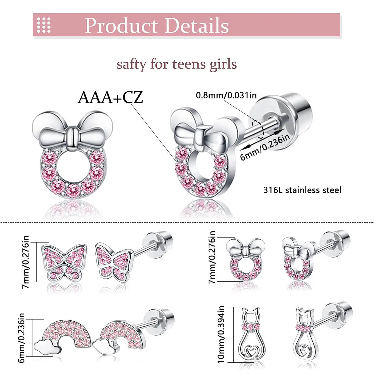 4 pairs of spiral cartilage earrings for women 316L stainless steel pink piercing earrings set, sparkling cubic oxygen zirconium