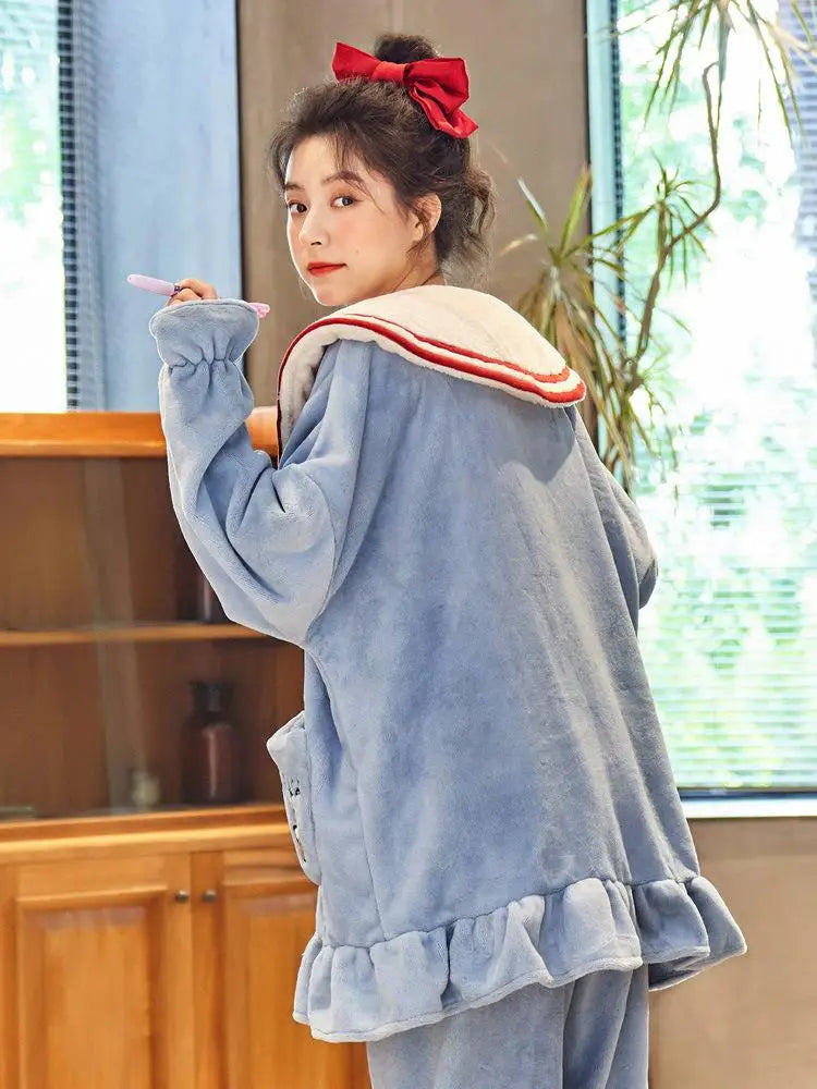 Anime Kuromi Pajamas Pants Suit Sanrioed Women Cute Kawaii Spring Winter Cardigan Plush Coral Fleece Cute Cartoon Warm Homewear