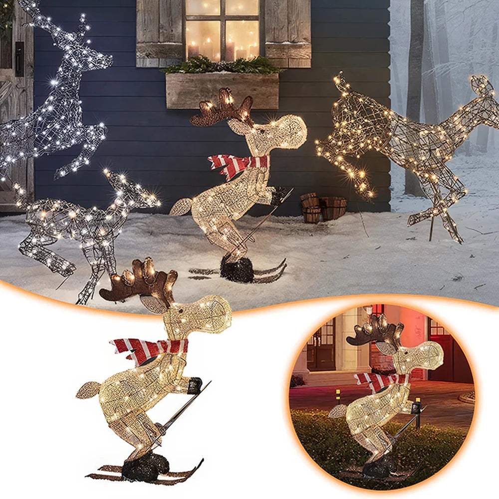 Lighted Reindeer Ornaments Glowing Ski Deer Statue with LED Lights String 3D Standing Reindeer Figurines for Christmas Decoratio