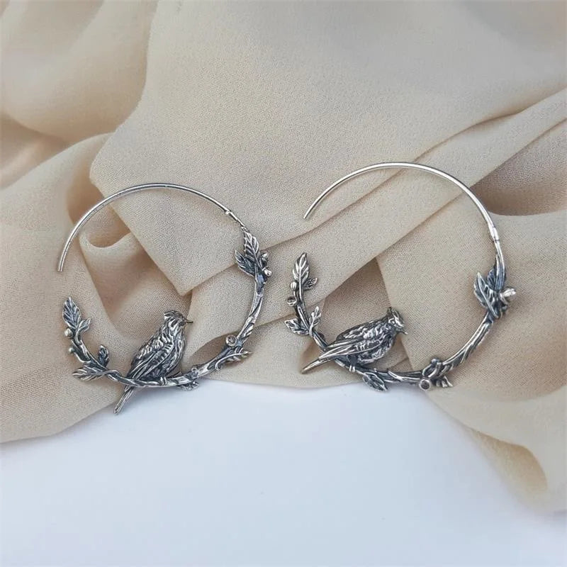 Antique Silver Color Hummingbirds Greetings Bird Ear Ring Earrings for Women Fashion Hoop Earrings Jewelry