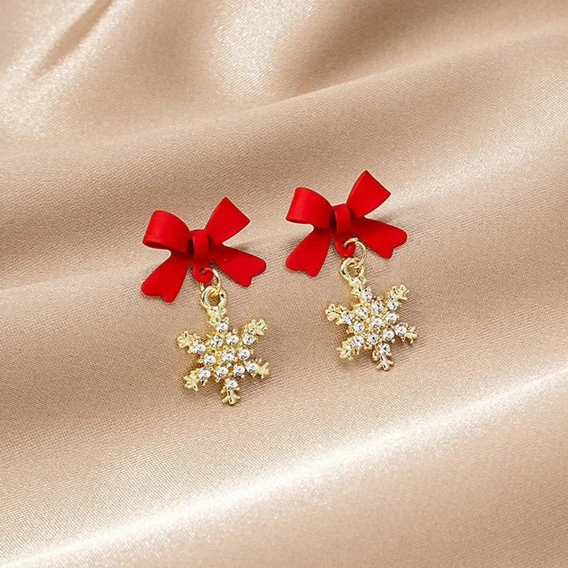 Sweet Bowknots Snowflake Drop Earrings for Women Girls Trendy Elegant Red Black Ear Accessories Jewelry Earring Charm Xmas Gifts