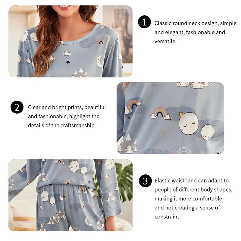 Autumn women's printed pure cotton sleepwear set with round neck long sleeved pants casual  comfortable two piece home suit set