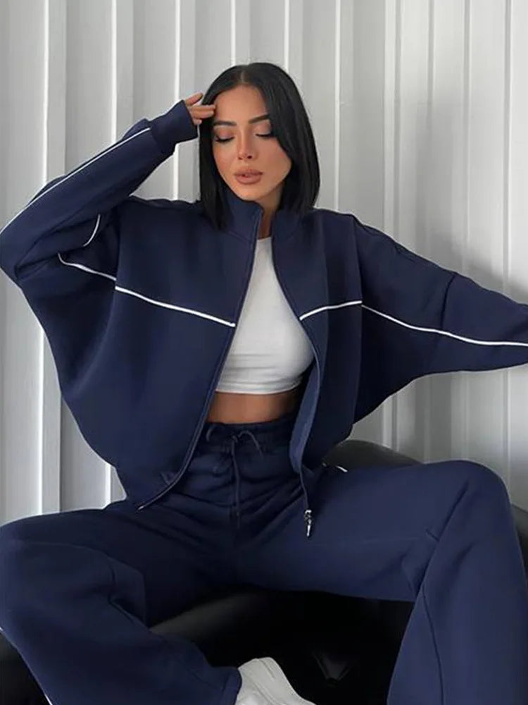 Casual Sports Suits Long Sleeved Half High Collar Cardigan Sweater Lace up Striped Pants Women Clothing Two Piece Set Tracksuit