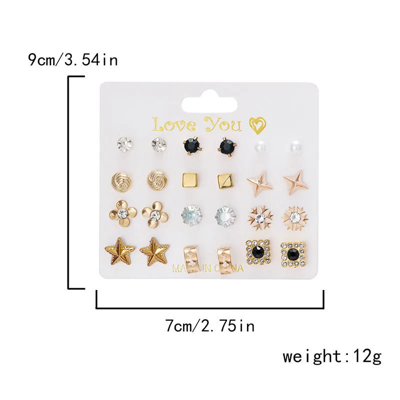 12 Pairs/Set Imitation Pearl Sun Star Flower Bow Heart Zircon Combination Paper Card Stud Earrings Set Fashion Geometric Earring