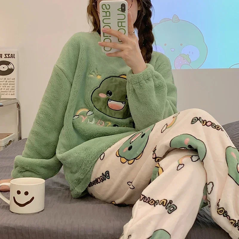 Winter Flannel Sleepwear Thickening Warm Round Neck Long Sleeve Women's 2 Pieces Set Cute Dinosaur Printing Pajamas Homewear