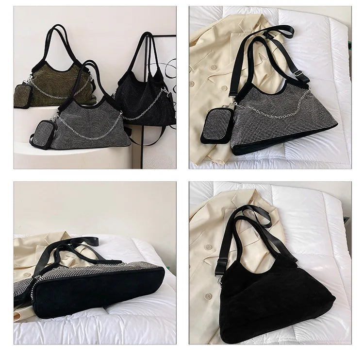 2023 New Shiny Rhinestone Women's Handbag Large Shopping Bag Fashion Dinner Bag Underarm Shoulder Bag Women's Party Commuter Bag