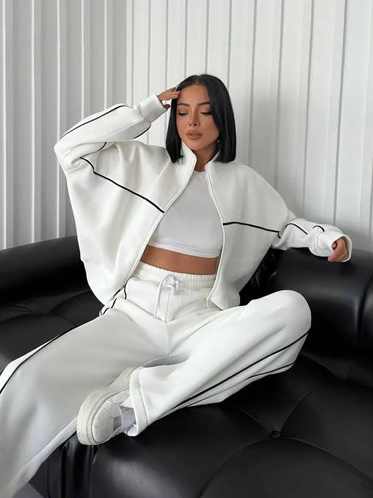 Casual Sports Suits Long Sleeved Half High Collar Cardigan Sweater Lace up Striped Pants Women Clothing Two Piece Set Tracksuit