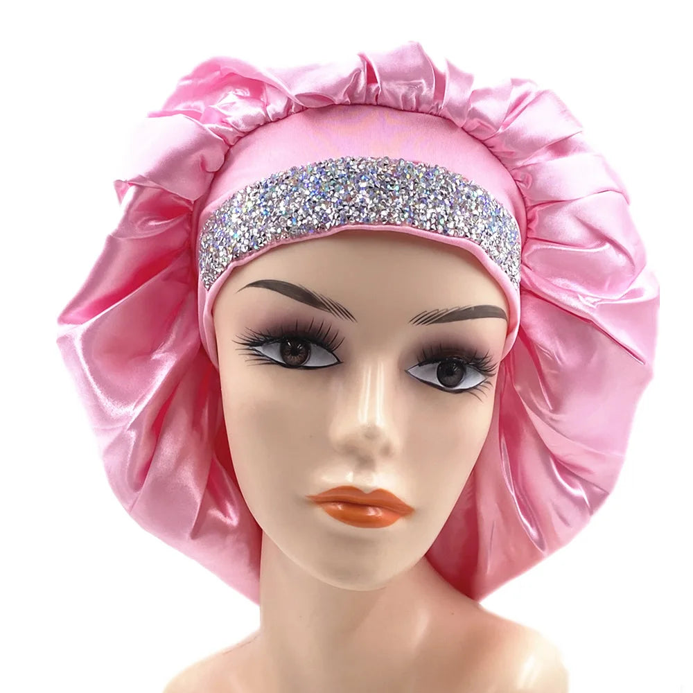 Glitter Rhinestone Wide Band Turban Women Hair Cover Satin Night Sleep Cap Bonnet Head Scarf Headwrap African Hat