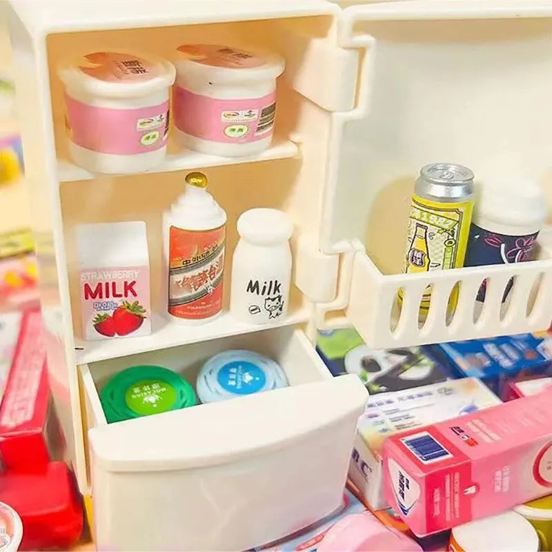 1 Set 1/12 Mini Dollhouse White Refrigerator With Food Set Kitchen Toys Miniature Furniture Fridge Decorations Toy Accessories