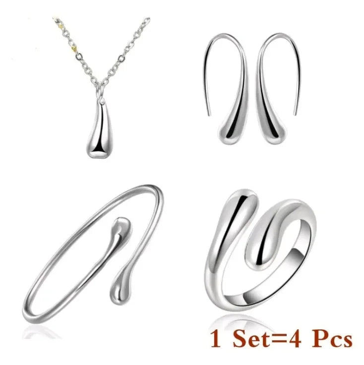 Classic Fashion Bridal Wedding Banquet Water Drop Jewelry Set Personalized Water Drop 4-Piece Set Silver Color Needle Earrings