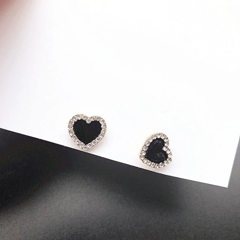 Korean Style Zircon Black Resin Heart Ear Studs for Women Elegant Luxury Geometric Earrings 2024 Fashion Trends Jewelry Gifts