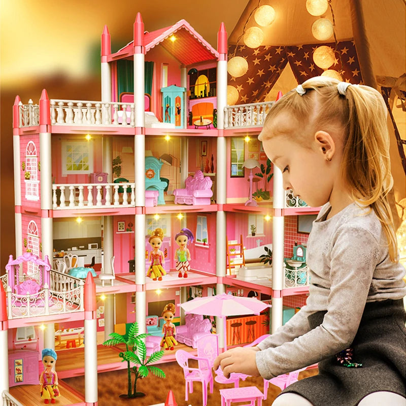 3D DIY Assembly Doll House Fantasy Princess Castle Villa Set Toys Girl Family Toys Children's Music Doll House Assembly Villa