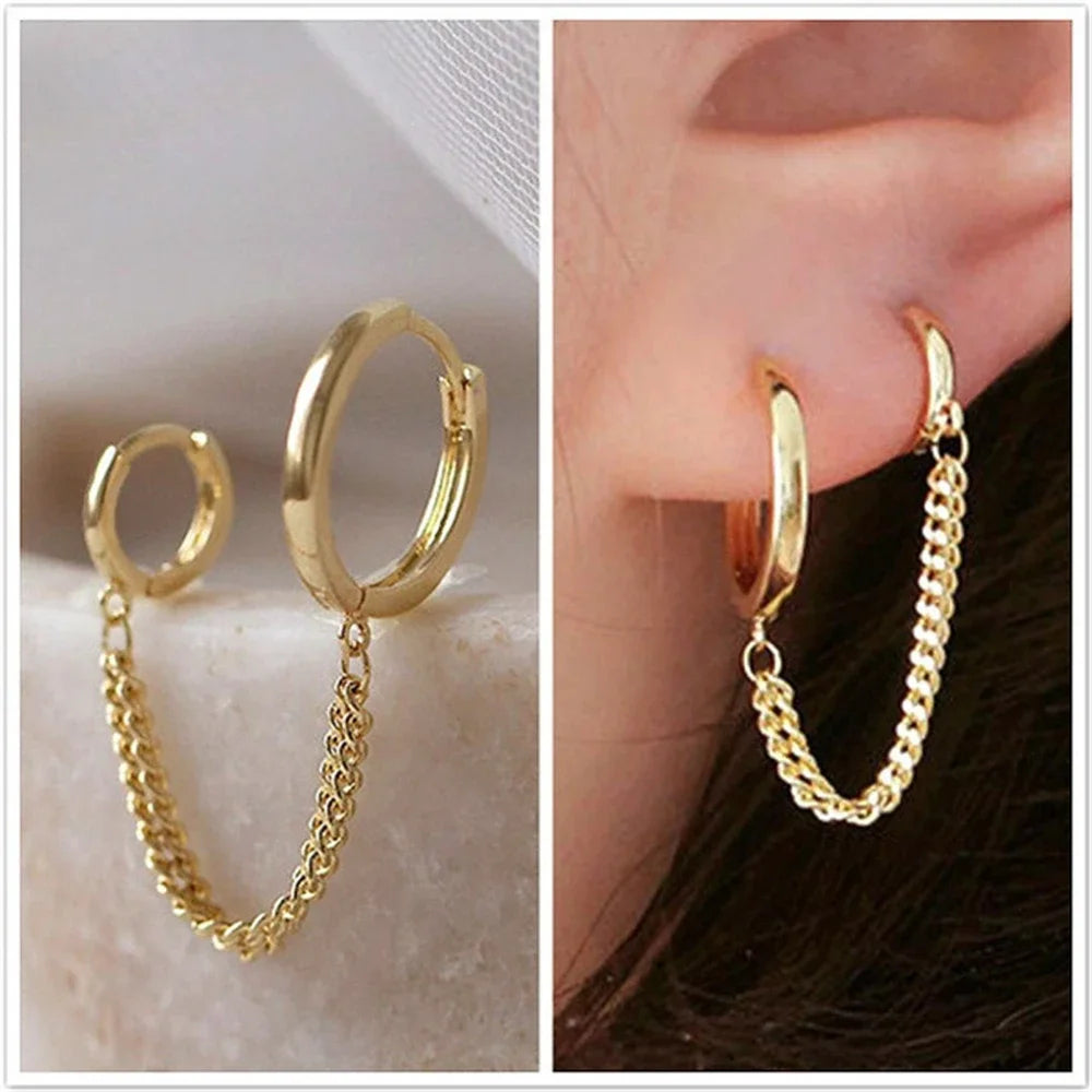 Designer One Ear Chain Earrings For Women Sleeper Double Ear Holes Piercing Ear Rings Decorations For Girls pendientes de aro