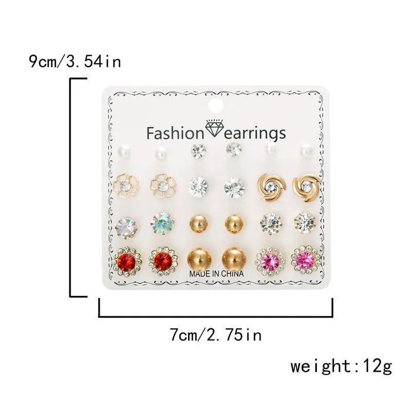 12 Pairs/Set Imitation Pearl Sun Star Flower Bow Heart Zircon Combination Paper Card Stud Earrings Set Fashion Geometric Earring