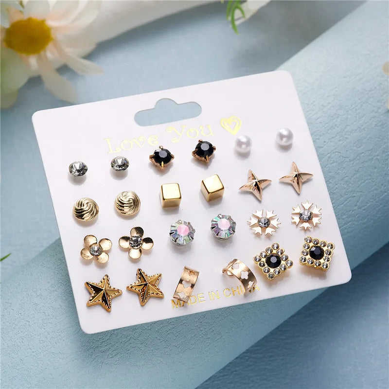 12 Pairs/Set Imitation Pearl Sun Star Flower Bow Heart Zircon Combination Paper Card Stud Earrings Set Fashion Geometric Earring