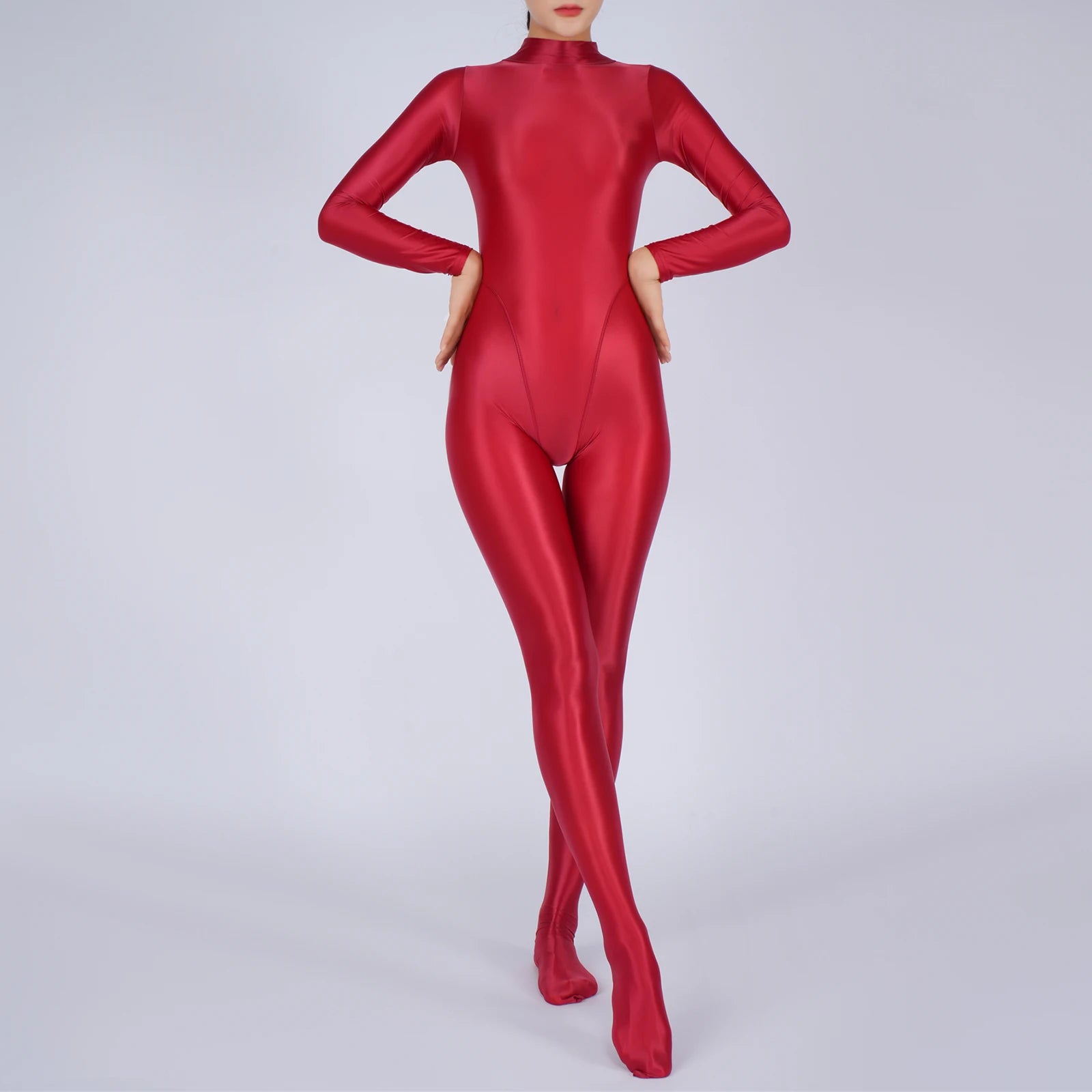 Womens Full Body Jumpsuit Sports Gym Yoga Tights Bodysuit Mock Neck Long Sleeve Footed One Piece Jumpsuit Clubwear Sportwear