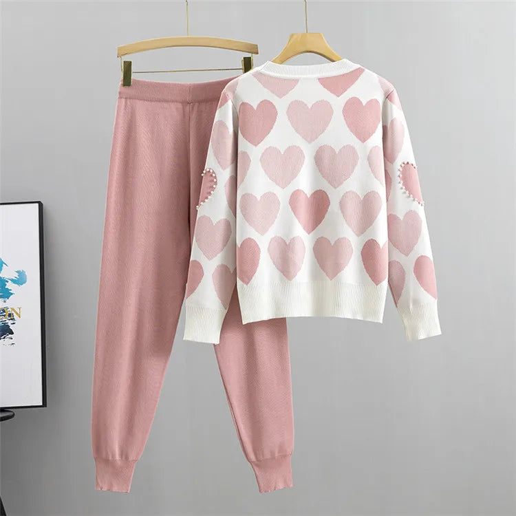 Chic Beading Knit Sweater 2 Piece Sets Women Outfits Korean Fashion O-neck Pullover & Harem Pants Sport Tracksuits Suit