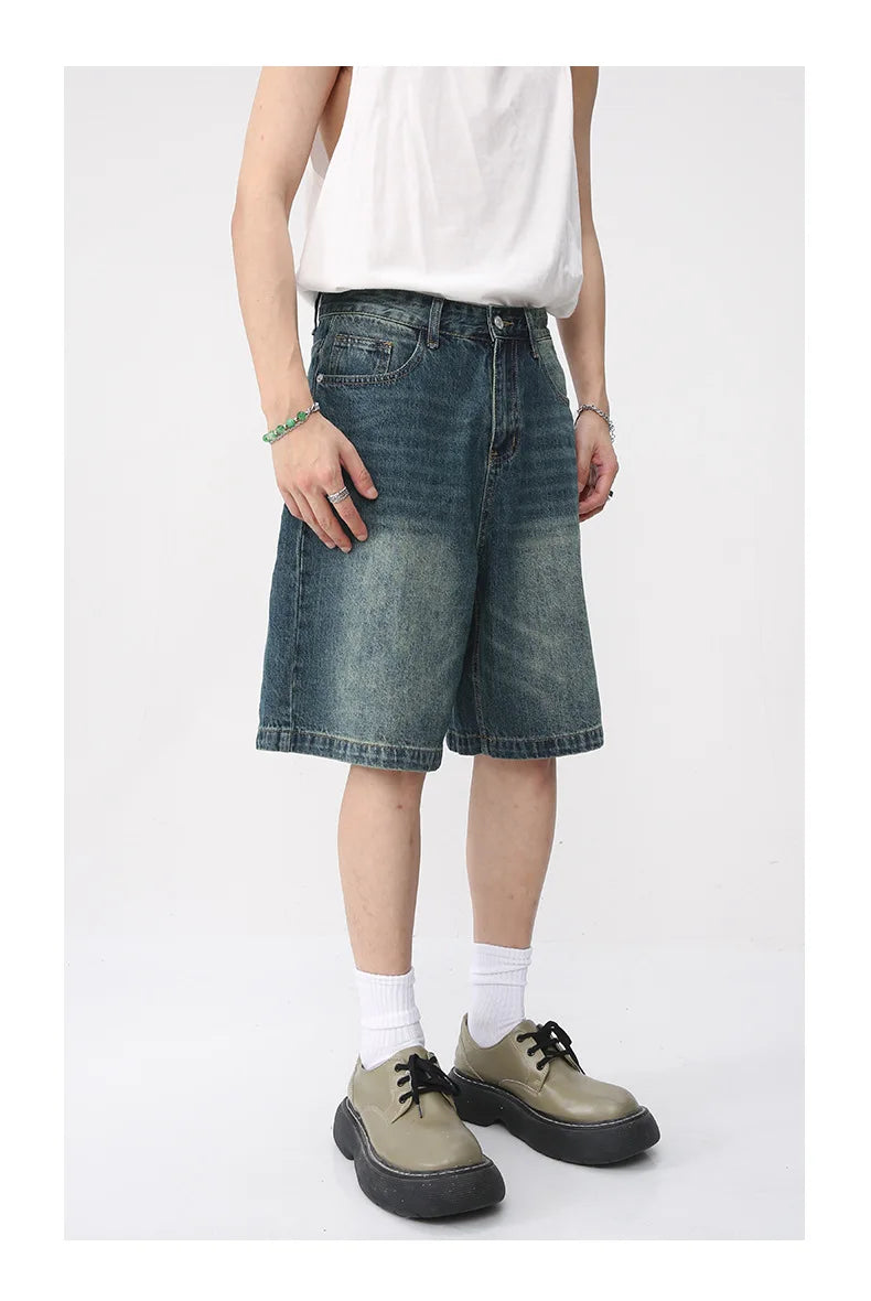 Men Summer Denim Shorts New Korean Loose Vintage Fashion Wash Casual Over Knee Capris Straight Leg Pants