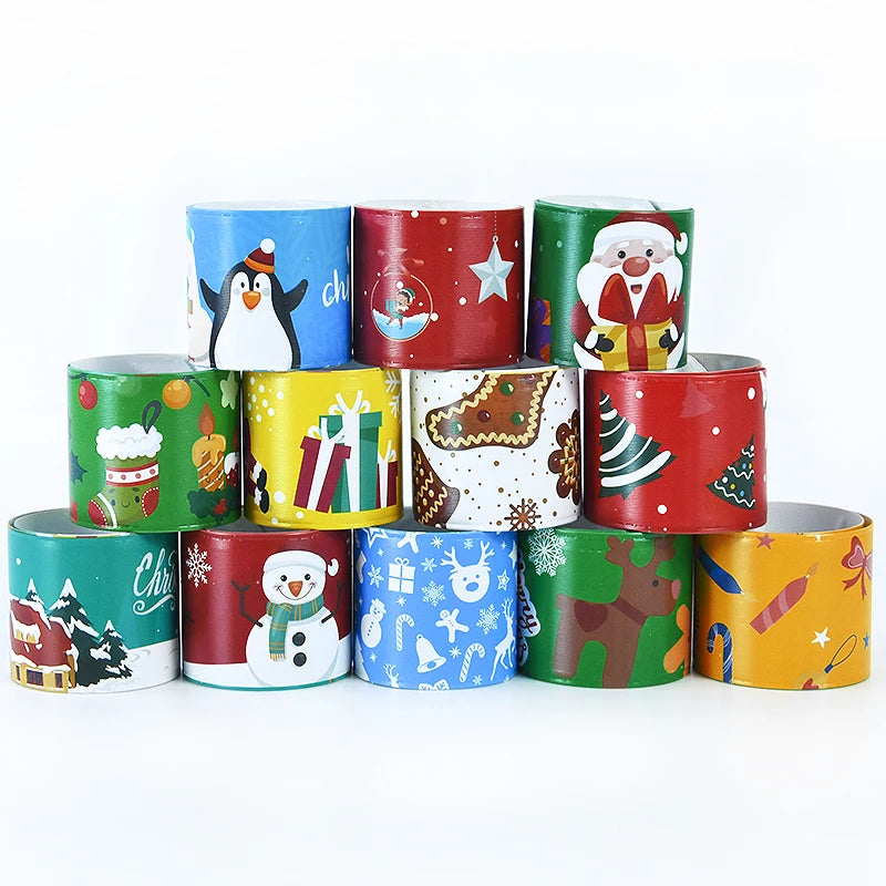 12Pcs Christmas Slap Bracelets Santa Claus Snowman Xmas Tree PVC Wristband Kids New Year Party Gifts For Guests 2025 Navidad