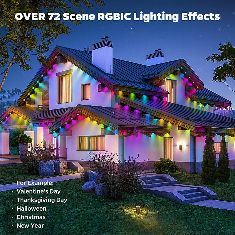 100FT 60 LED Permanent Outdoor Eaves LED Lights Waterproof RGB String Lights DIY Scene Christmas Birthday Holiday Party Lighting