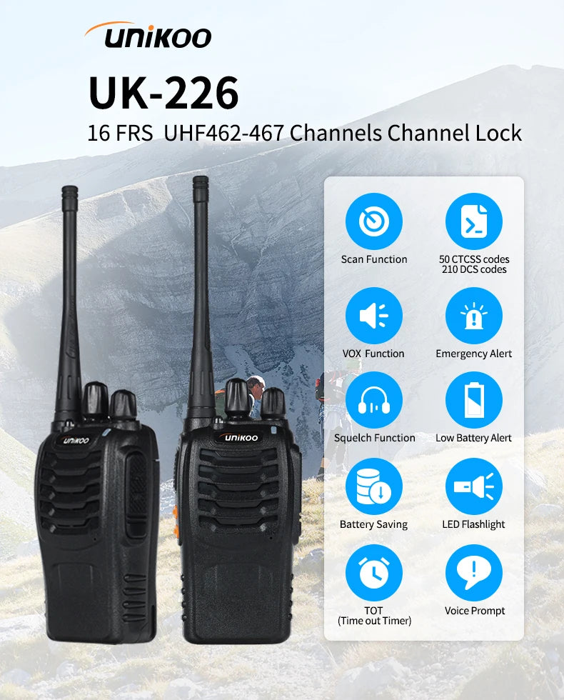 2 pcs UNIKOO Long Range Walkies Talkies Set FRS Two Way Ham Radios UHF Mini Walkie Talkie Set Transceive For Camping Hotel UK226