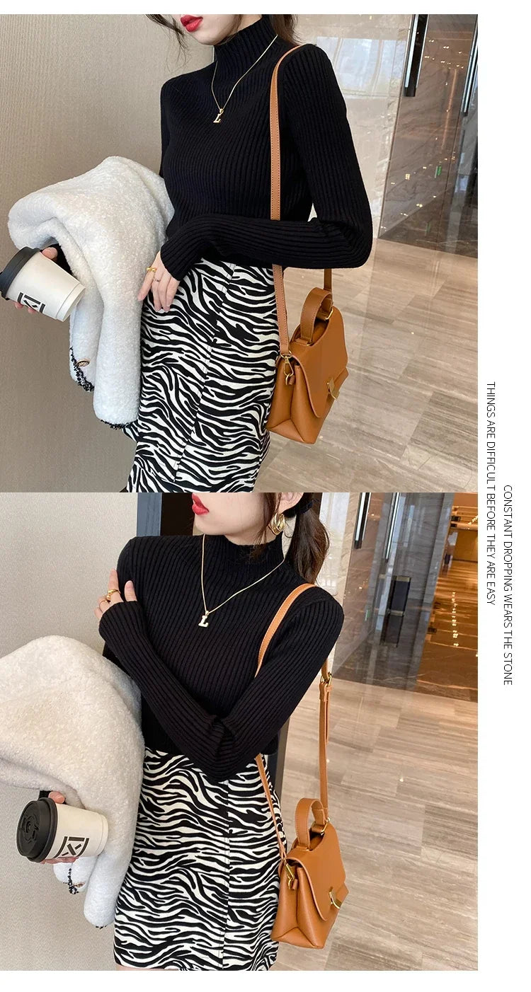 Autumn Winter Women Clasi Striped Solid Slim Y2k Turtleneck Sweater Pull Fashion Knitwears Pullovers Clothing Jumper Blouse