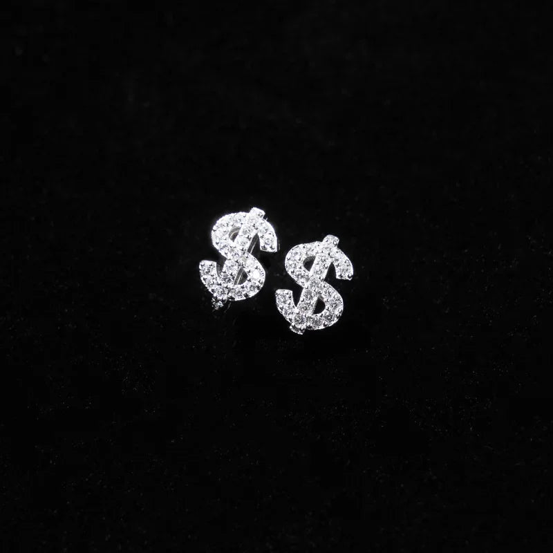 American Full Zircon US Dollar Letter Earrings for Men Women Super Sparkling Hip-Hop Ear Stud Trend 925 Sterling Silver Jewelry