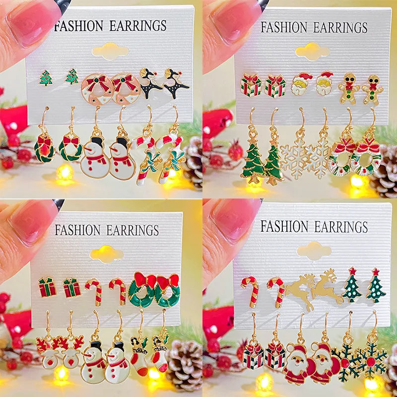 Christmas Earrings Set Combination Ins Style Creative Design Snowman Snowflake Elk Christmas Tree Earrings Stud Earrings