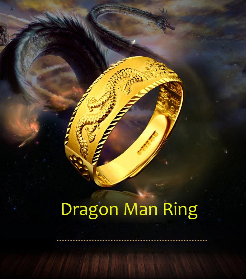 Gold 14 K Ring for Man Luxury Engraving Dragon Adjustable Ring Fashion Jewelry Male Two Color Yellow/White Gold Finger Ring Gift