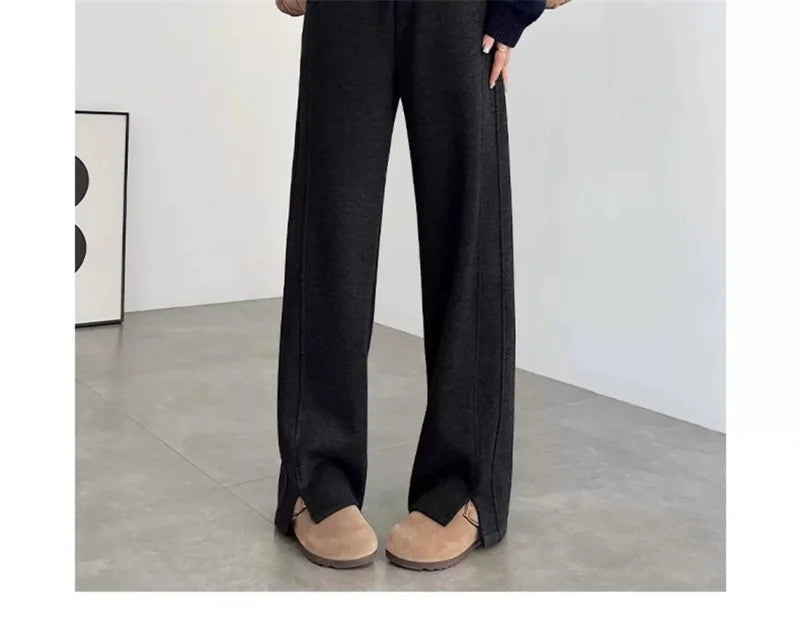 Women's Autumn/Winter New Herringbone Striped Flannel Wide leg Pants Woolen Split Pants Straight leg Narrow Version Banana Pants