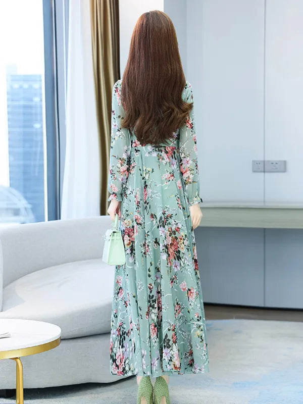 Spicy Mom Dress Chiffon Moms Korean Edition New Autumn and Winter Fragmented Flower Long Style New Long sleeved Medium Long UAFP