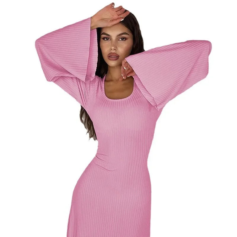 Fashionable Loose-Fit Long Sleeve Dress Women's Autumn 2024 U-Neck Back Strap Cross-Border European And American Style