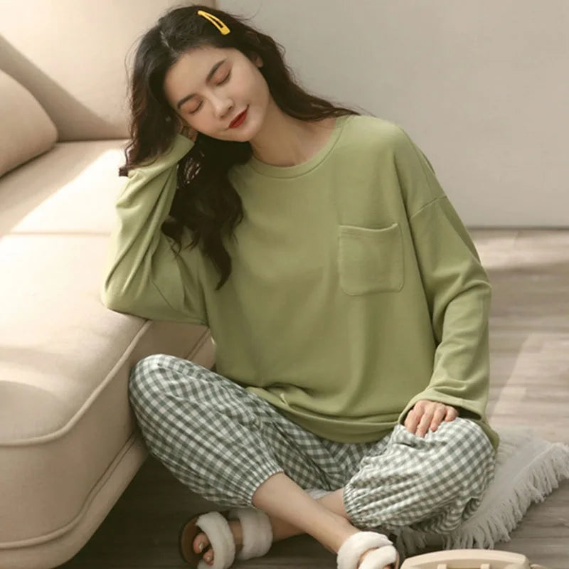 Women Sleepwear Korean Version Round Neck Top Long Trousers Homewear Two-Piece Set Striped Plaid Ladies Nightwear Loungewear