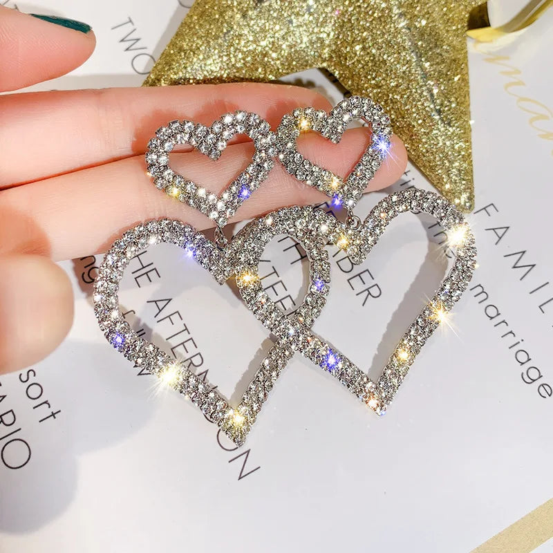 Luxury Big Double Love Heart Rhinestone Drop Earrings for Women Girls Crystal Korean Statement Wedding Party Ear Jewelry Gifts