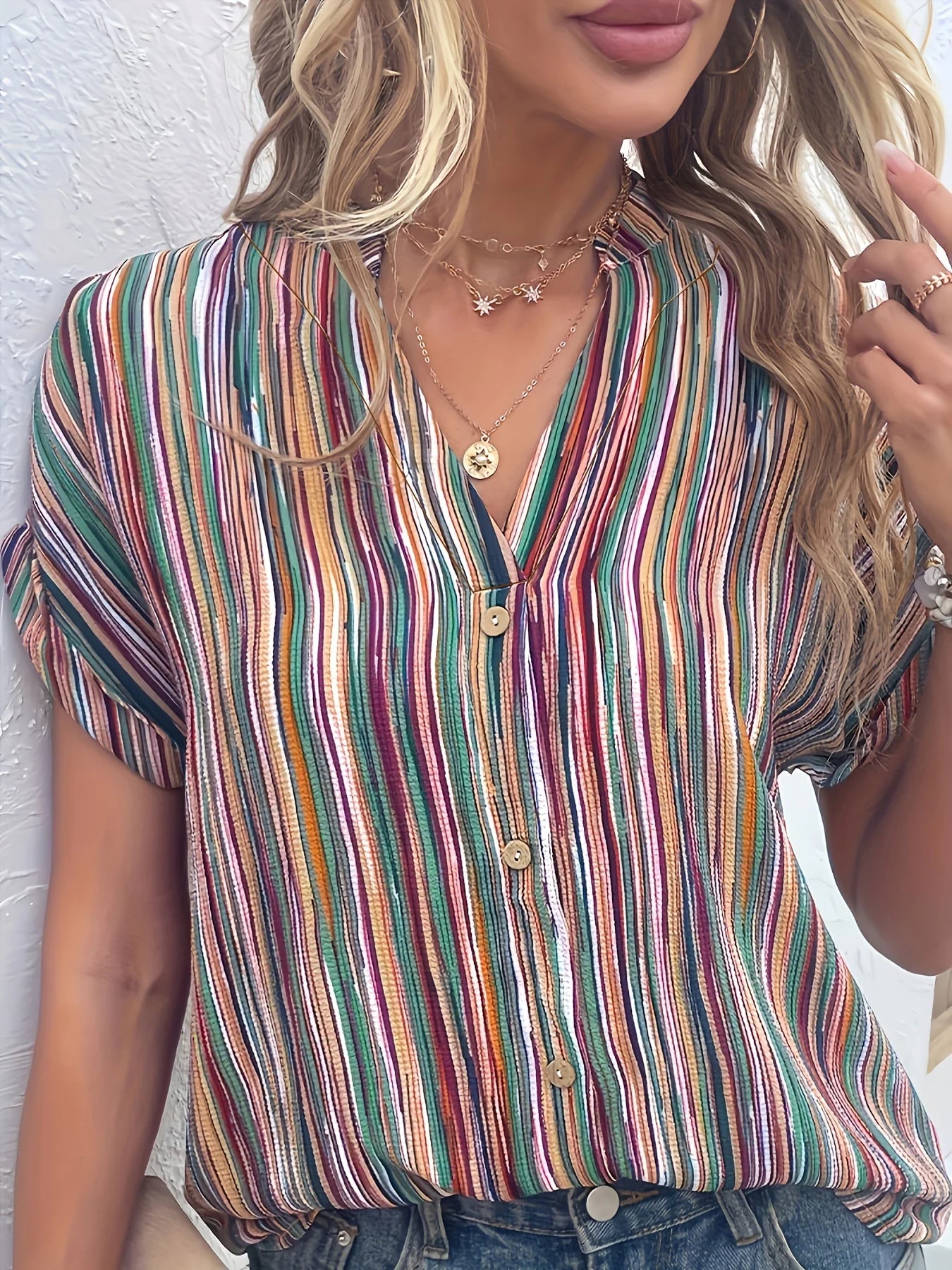 Plus Size Striped Button Detail Blouse, Casual Notched Neck Short Sleeve Blouse For Spring & Summer, Women's Plus Size Clothing