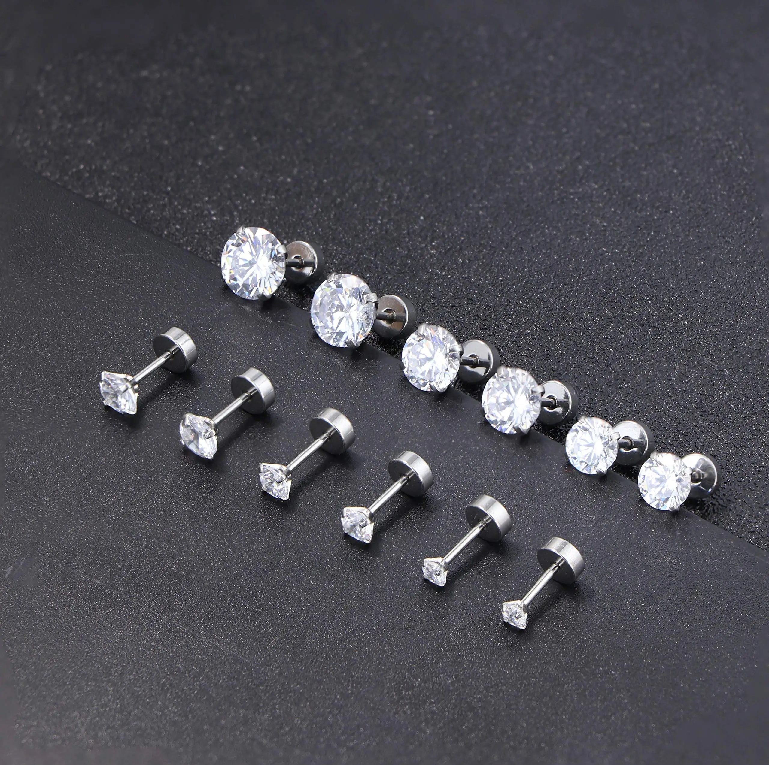 1/6 Pairs 18G Stainless Steel Ear Stud Piercing Barbell Studs Earrings Set Round Cubic Zirconia Inlaid Steel Size 2/4/5/6/8/10MM