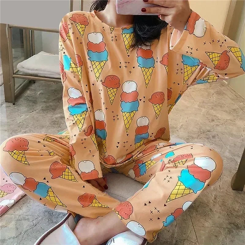 Set Cute New Cartoon Sets Cow Spring 2023 Sleeve Print Long Two-pieces Underwear Sleepwear Pajama Women