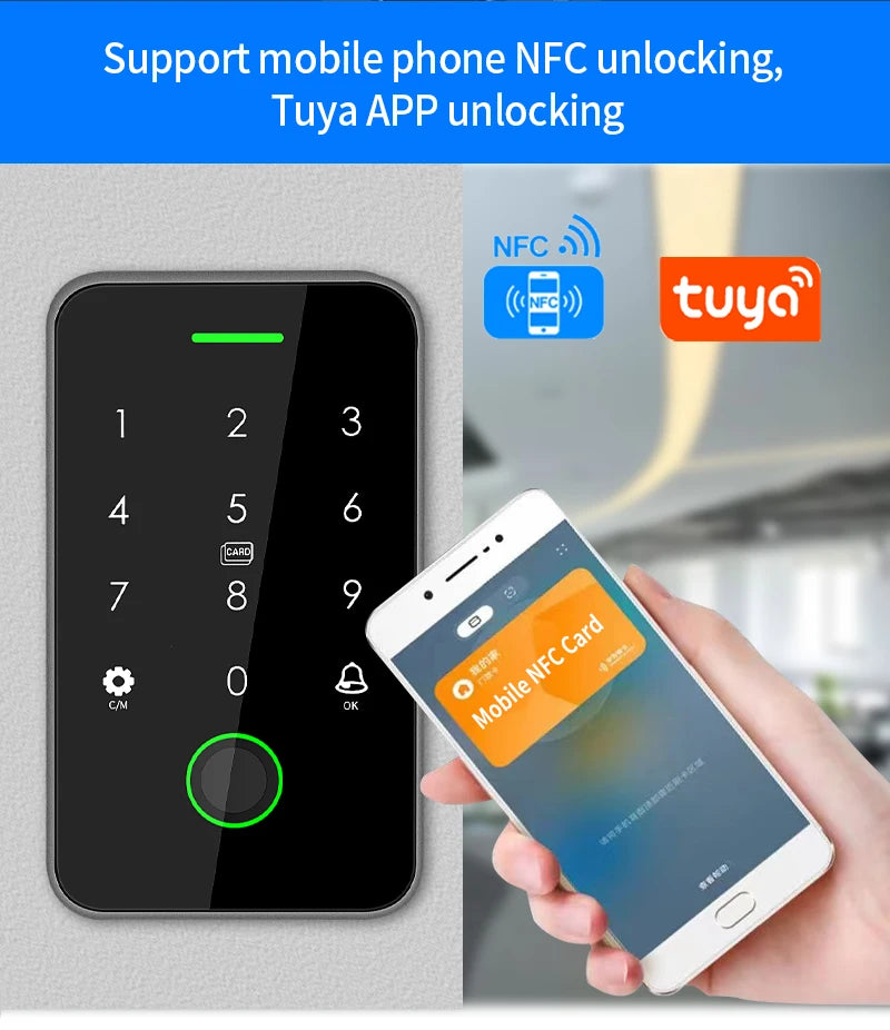 Dual RFID 125Khz+13.56MHz NFC Tuya Outdoor Fingerprint Access Control Keypad IP67 Waterproof Biometrics Door Opener with Gateway