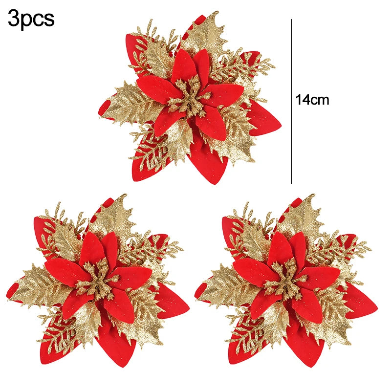 3/10pcs 14cm Christmas Flowers Glitter Red Gold Flower Head Xmas Tree Ornament New Year Decorations for Home Navidad Noel Gifts