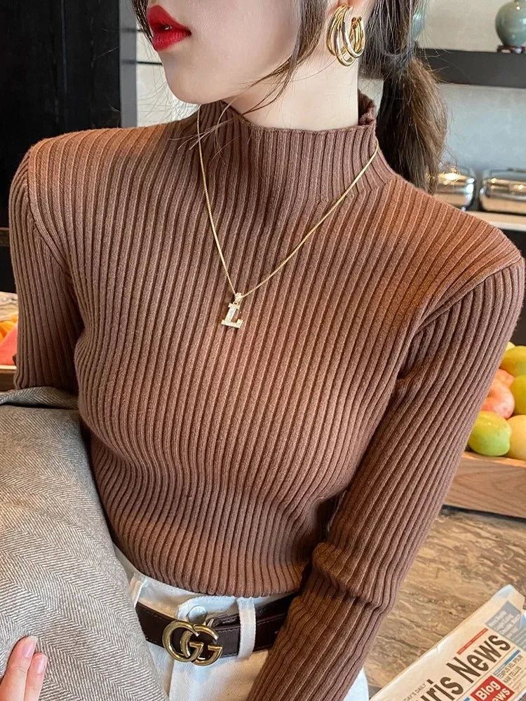 Autumn Winter Women Clasi Striped Solid Slim Y2k Turtleneck Sweater Pull Fashion Knitwears Pullovers Clothing Jumper Blouse