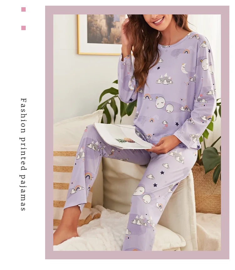 Autumn women's printed pure cotton sleepwear set with round neck long sleeved pants casual  comfortable two piece home suit set