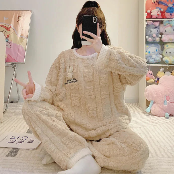 5XL Cartoon Coral Fleece Pajamas Women Plus Size Winter Thickened Student Loungewear Can Be Worn Outside Long Sleeve Sleepwear