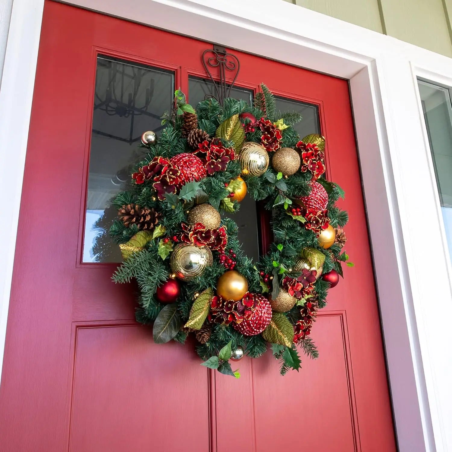 [30 Inch Artificial Christmas Wreath]- Scarlet Hydrangea Collection -Red and Gold Decoration -Pre Lit with 50 Warm Clear Colored