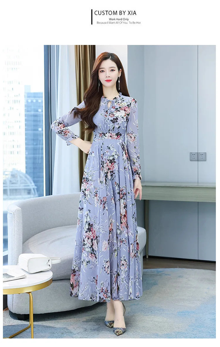 Spicy Mom Dress Chiffon Moms Korean Edition New Autumn and Winter Fragmented Flower Long Style New Long sleeved Medium Long UAFP