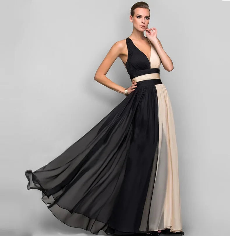 Elegant High Waist Maxi Dress Women Fashion Gradient Patchwork Black Party Evening Dresses Chic Sleeveless Pleated Long Vestdios