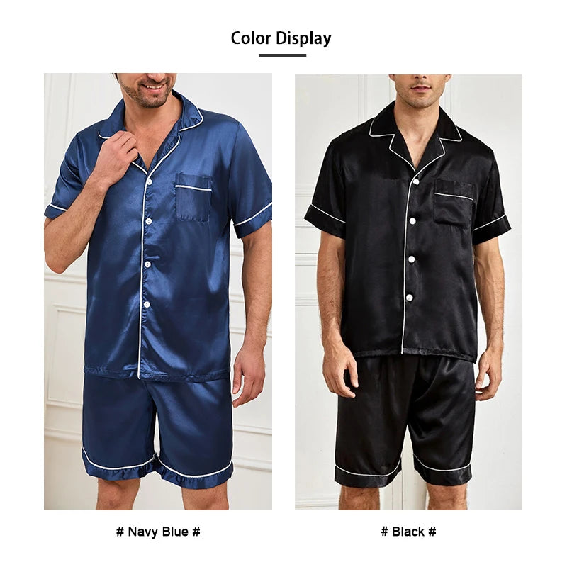 Men Satin Short Sleeve Pajama Set Summer Sleepwear for Man Button-Down Shirt & Elastic Waist Shorts Pajamas Home Clothes 2 Piece