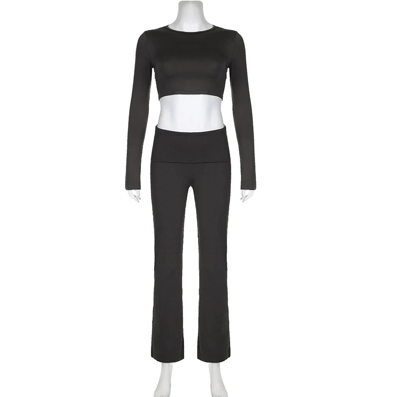 BIIKPIIK Yoga Casual Two Piece Set Concise Sporty Pants Suit For Women Fitness Long Sleeve Crop Top + Turndown Waist Pants Trend