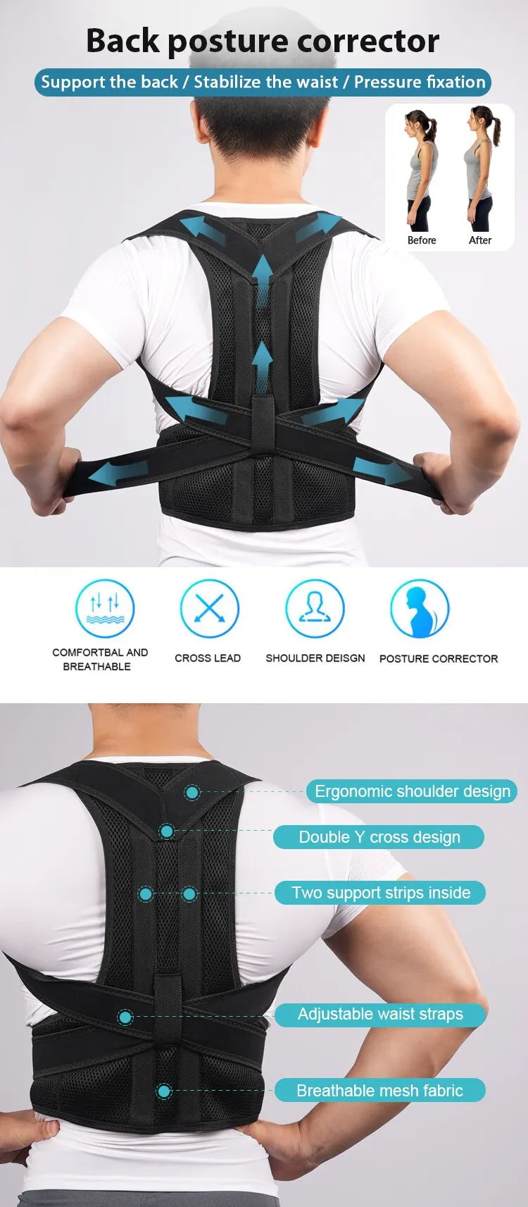 Back Brace Posture Corrector Back Lumbar Support Shoulder Posture Support for Improve Posture Provide Back Pain Relief Unisex